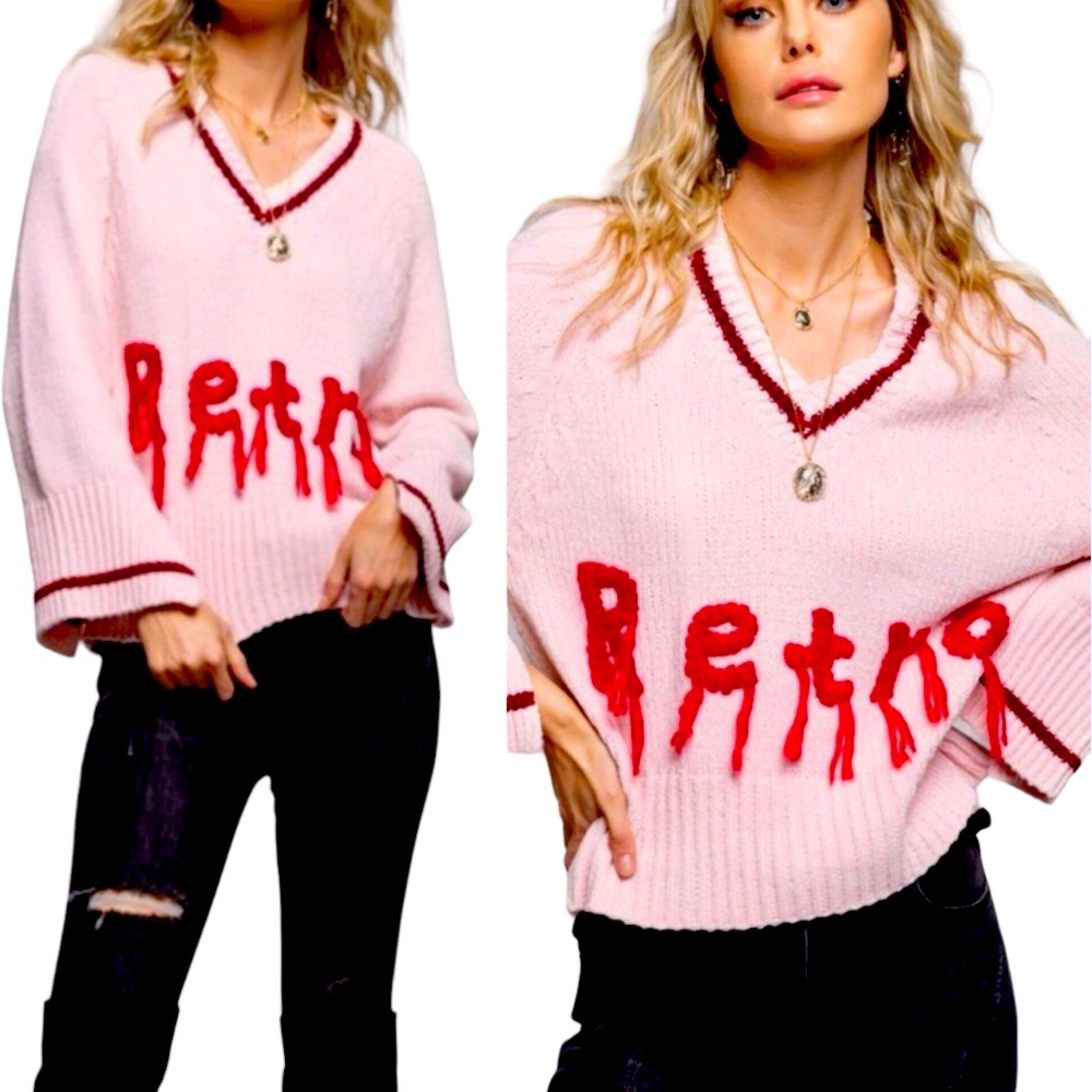 POL ‘Retro’ Fringe V Neck Sweater Women Color Pink Size S